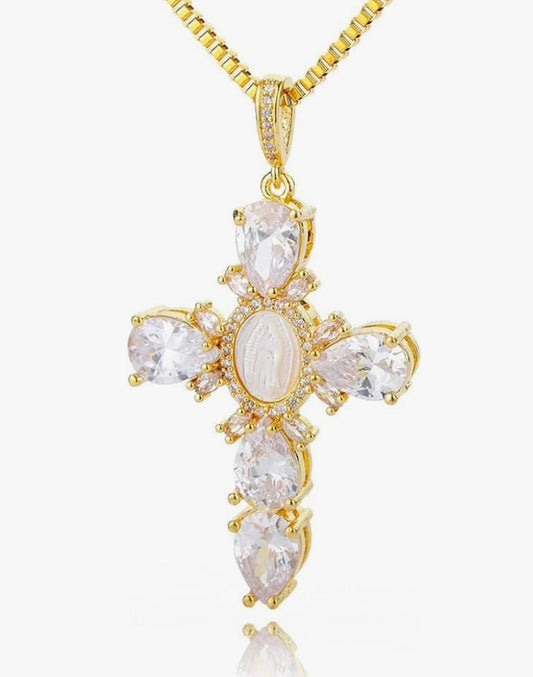 White Virgin Mary Cubic Zirconia Cross Pendant Necklace