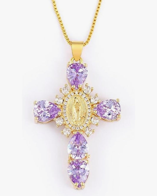 Purple Virgin Mary Cubic Zirconia Cross Pendant Necklace