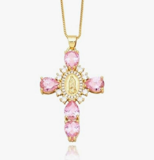 Pink Virgin Mary Cubic Zirconia Cross Pendant Necklace