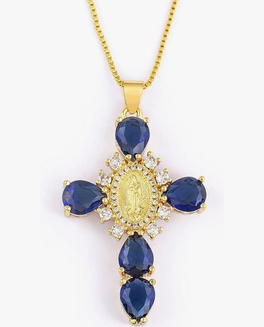 Blue Virgin Mary Cubic Zirconia Cross Pendant Necklace