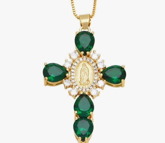 Green Virgin Mary Cubic Zirconia Cross Pendant Necklace