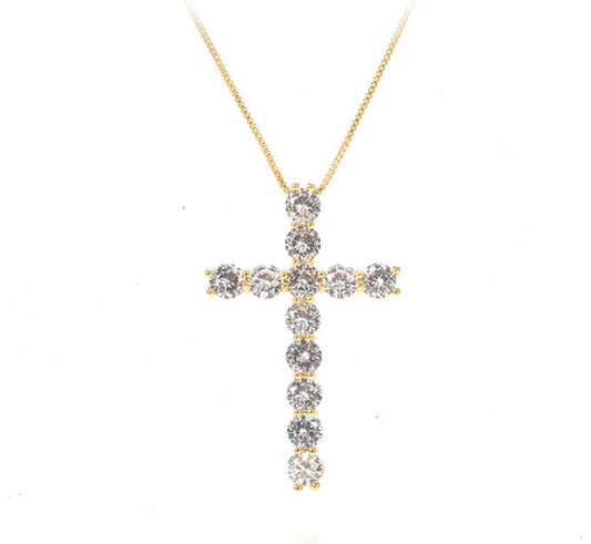 Silver Cubic Zirconia Gold Plated Cross Pendant Necklace