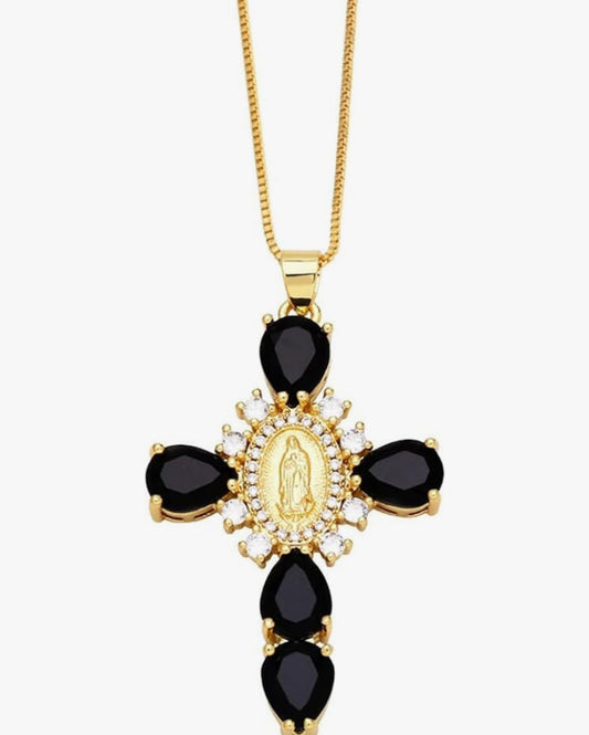 Black Virgin Mary Cubic Zirconia Cross Pendant Necklace