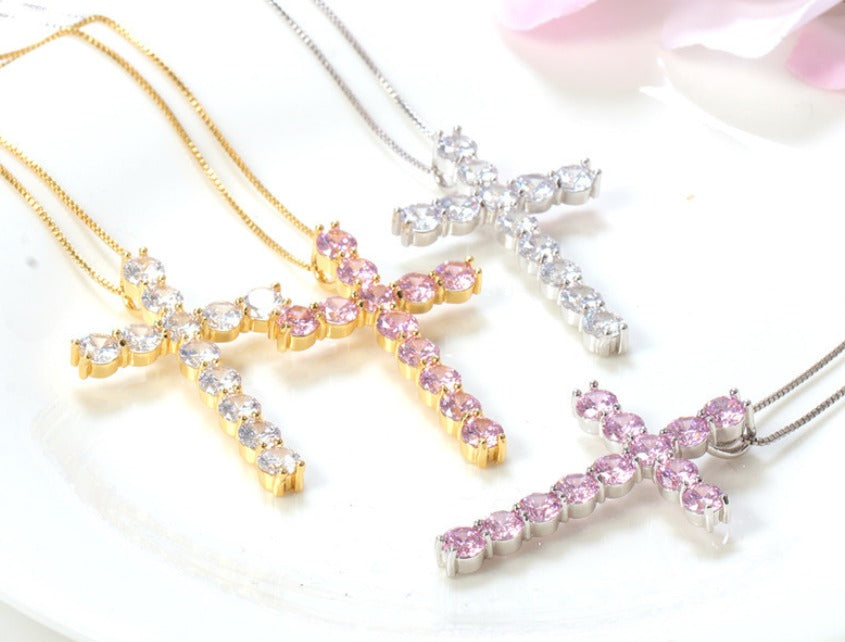 Silver Cubic Zirconia Gold Plated Cross Pendant Necklace