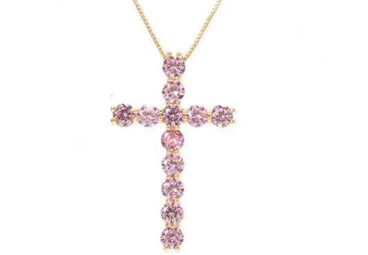 Pink Cubic Zirconia Gold Plated Cross Pendant Necklace