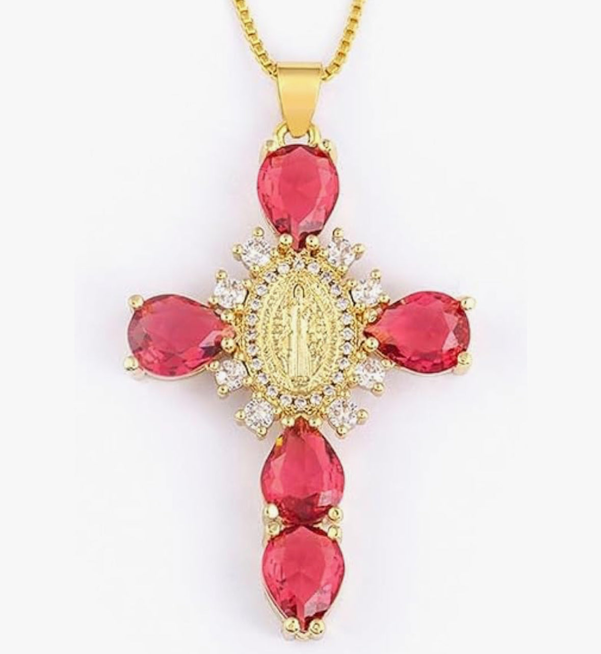 Red Virgin Mary Cubic Zirconia Cross Pendant Necklace