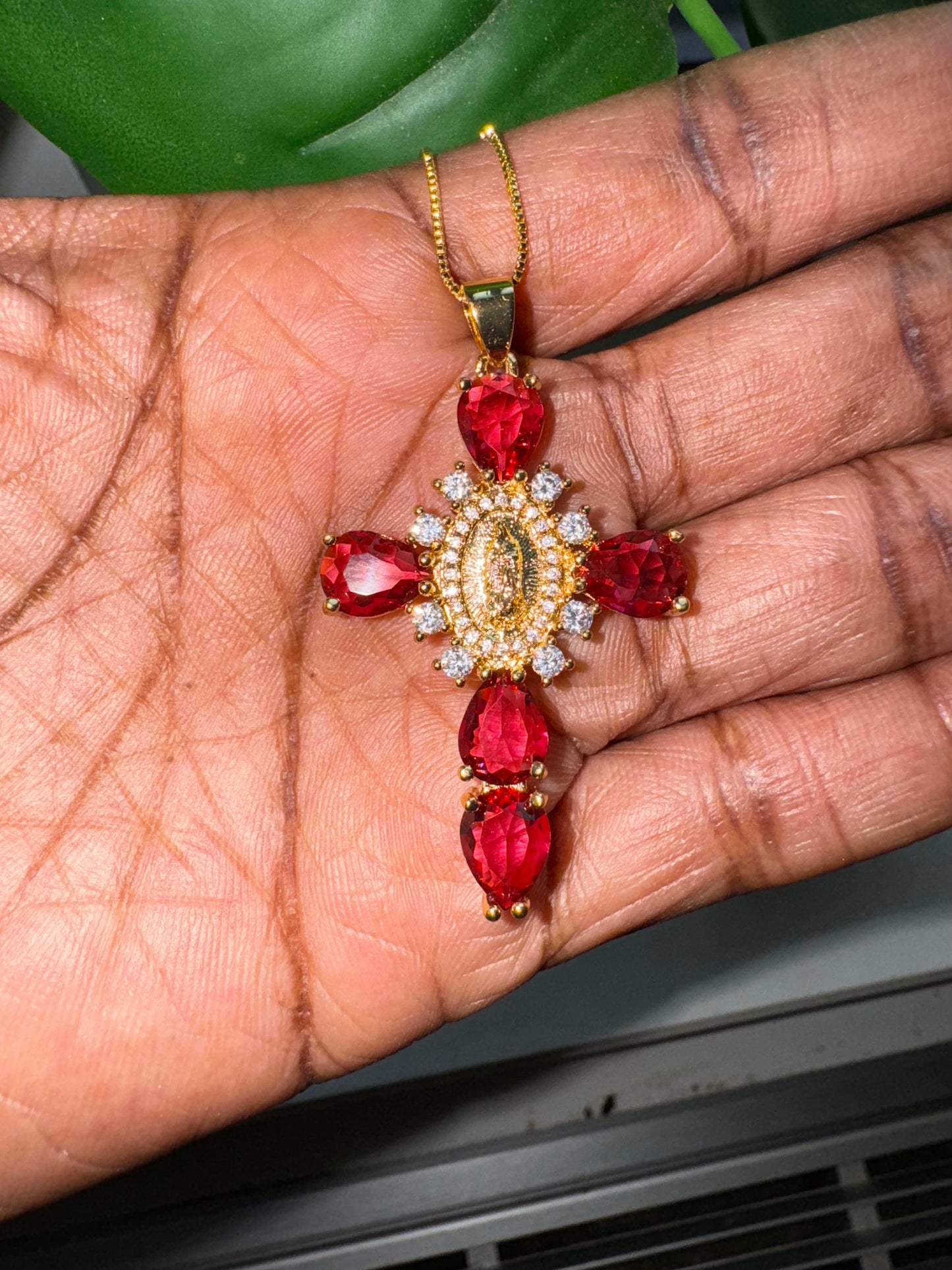 Red Virgin Mary Cubic Zirconia Cross Pendant Necklace